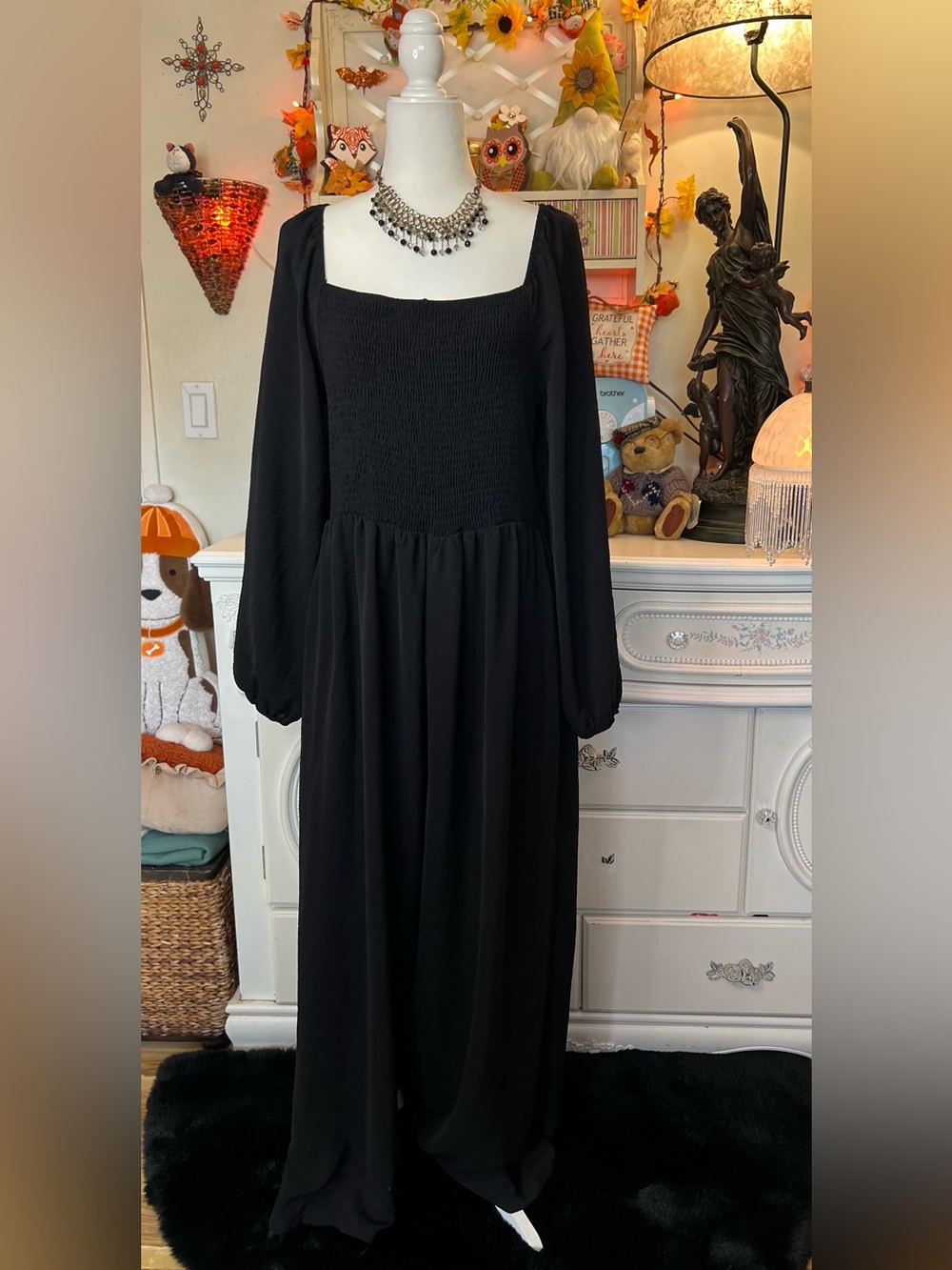 Black Smocked Square-Neck Jumpsuit with Bishop Sleeves